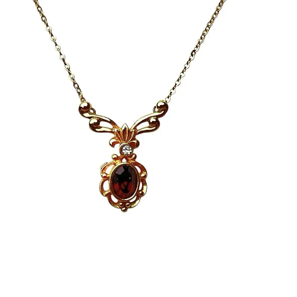 Fashion Jewelry Lot 2 Necklace Earrings Faceted Red Stones Rhinestone Gold Tone